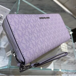 MICHAEL KORS Jet Set Large Signature Logo Continental Wallet Wristlet Lt Quartz